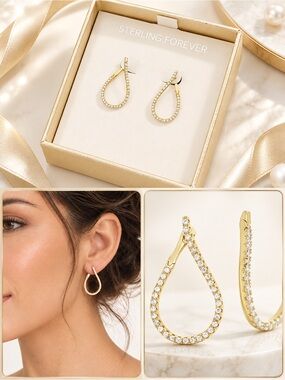 14K Gold Earrings Plated Brass Cubic 1mm Zirconia Stone Studded Drop 1”